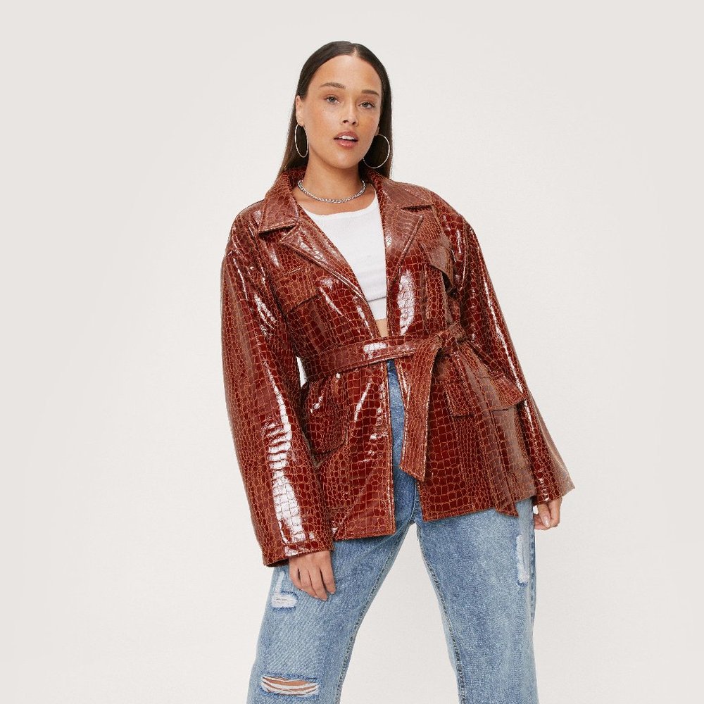 Nasty Gal Faux Croc Leather Brown Belted Jacket